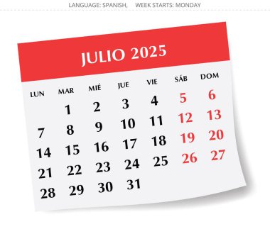 2025 İspanyol temmuz takvimi - bir aylık Julio. İspanya için vektör illüstrasyonları
