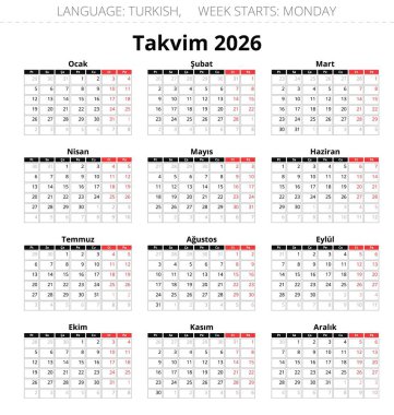 2026 yıllık Türk takvimi. Türkiye için vektör illüstrasyonu
