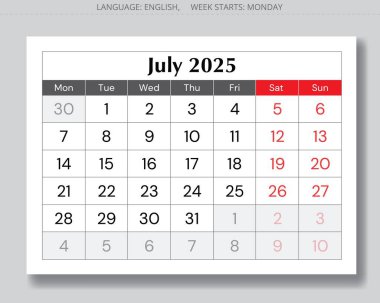 2025 Temmuz takvimi. Aylık vektör İngilizce sayfası. Pazartesi başlangıcıyla tasarım
