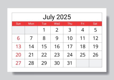 2025 Temmuz takvimi. Aylık İngilizce takvim sayfası vektörü. Pazar başlangıcıyla tasarım