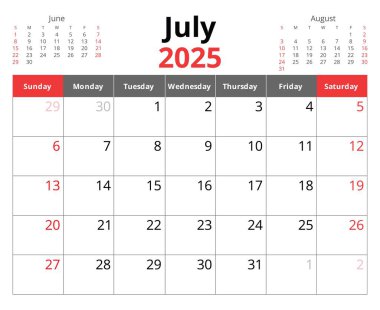 2025 Temmuz takvimi. Aylık İngilizce takvim vektörü. Pazar başlangıcıyla tasarım