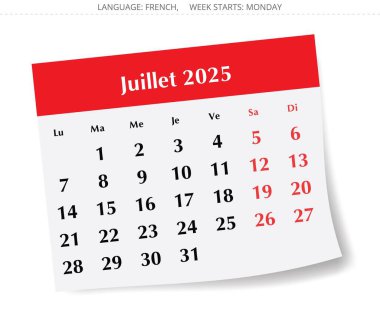Temmuz 2025 için Fransız takvimi. Fransa için bir aylık kağıt sayfasının vektör illüstrasyonu - juillet takvimi
