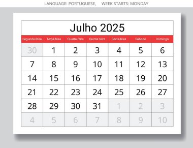 2025 yılı için Temmuz Porto Riko aylık takvimi - Julho. Portekiz için vektör kağıdı illüstrasyonu