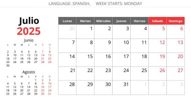 2025 İspanyol temmuz takvimi - bir aylık Julio. İspanya için bir aylık vektör illüstrasyonları