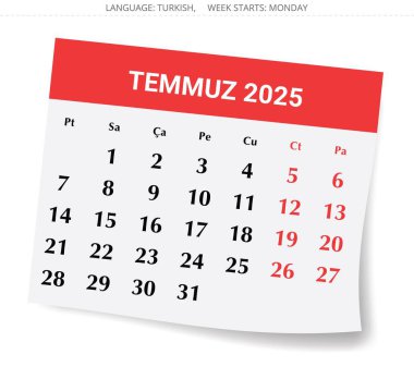 Temmuz 2025 için Türk takvimi - Takim Temmuz. Türkiye için bir aylık vektör illüstrasyonu