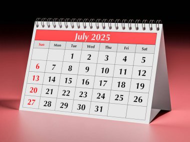 Temmuz 2025 takvimi. Yazın yıllık iş masasının bir sayfası.