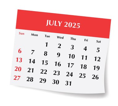 2025 Temmuz İngiliz takvimi. Gölgeli aylık kağıt sayfasının vektör illüstrasyonu. Pazar başlangıcıyla tasarım
