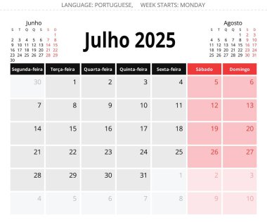 2025 yılı için Temmuz Porto Riko aylık takvimi (Julho). Portekiz için vektör sayfası illüstrasyonu