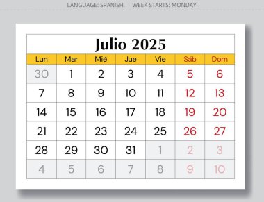 2025 İspanya Temmuz Sayfası - Ay Julio. İspanya için bir aylık vektör illüstrasyonları