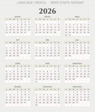 2026 yıllık Fransız takvimi. Fransa için vektör illüstrasyonu. Francais Takvimi
