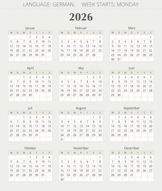 2026 yılının modern Alman takvimi. Almanya için vektör illüstrasyonu (Almanca kalender)