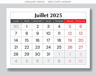 Temmuz 2025 için Fransız takvimi. Fransa için bir aylık illüstrasyon - juillet