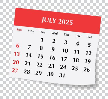 2025 Temmuz İngiliz takvimi. Saydam arkaplanı olan aylık kağıt sayfasının vektör illüstrasyonu