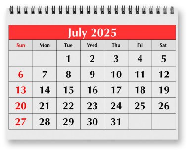 Aylık takvimin bir sayfası - Yaz ayı Temmuz 2025