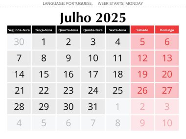 Temmuz 2025 Yıllık Porto Riko takvimi. Portekiz için şık tasarımı olan vektör illüstrasyonu