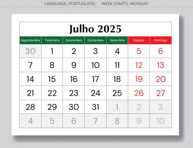 2025 yılı için Temmuz Porto Riko aylık takvimi - julho. Portekiz için vektör sayfası illüstrasyonu