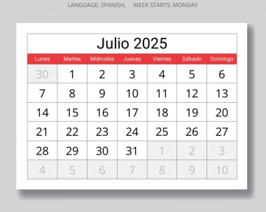 2025 İspanyol Temmuz aylık takvimi, Julio. İspanya için vektör sayfası illüstrasyonları