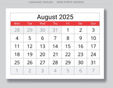 2025 Ağustos takvimi. Aylık İngilizce takvimlerin vektör koleksiyonu. Pazartesi başlangıcıyla tasarım