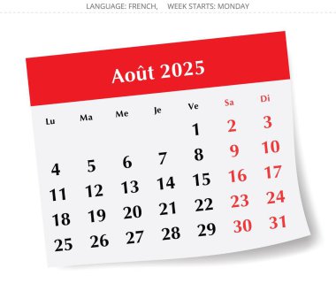 Ağustos 2025 için Fransız takvimi. Fransa için aylık kağıt sayfasının vektör illüstrasyonu