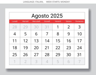 Ağustos 2025 için İtalyan takvimi - Calendario agosto. İtalya için vektör illüstrasyon tasarımı