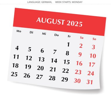 Ağustos 2025 için Alman takvimi. Almanya için ayın vektör illüstrasyon sayfası