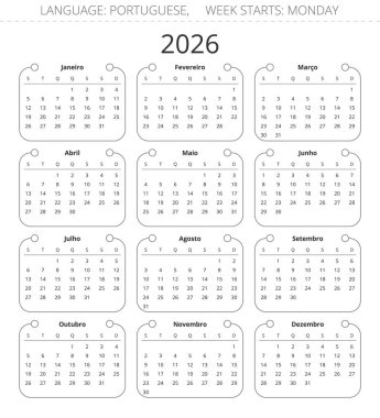 2026 yılının Porto Riko takvimi. Portekiz için düşey basit modern vektör illüstrasyonu 