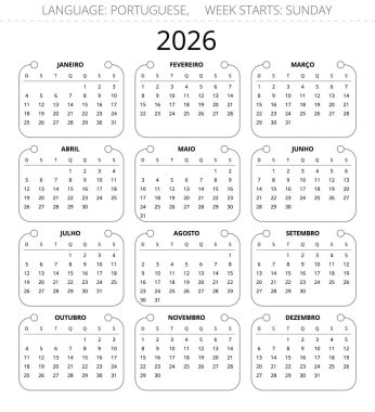 2026 yılının portatif sanatsal takvimi. Portekiz için vektör illüstrasyonu. Hafta pazar başlıyor.