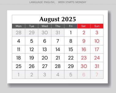 2025 Ağustos takvimi. Aylık vektör İngilizce sayfası. Pazartesi başlangıcıyla tasarım