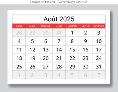 Ağustos 2025 için Fransız takvimi. Fransa için ayın vektör illüstrasyon sayfası