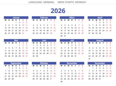 2026 yıllık Alman takvimi, Almanya için vektör illüstrasyonu