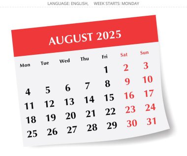 2025 Ağustos İngiliz takvimi. Gölgeli aylık kağıt sayfasının vektör illüstrasyonu. Pazartesi başlangıcıyla tasarım