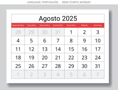 Ağustos 2025 için aylık takvim - agosto - agosto. Portekiz için vektör kağıdı illüstrasyonu