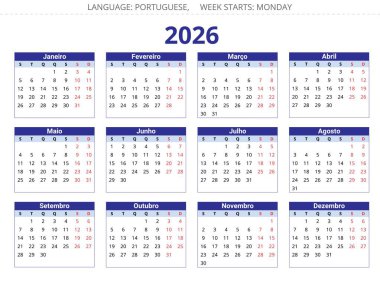 2026 yılının Porto Riko takvimi. Portekiz için yazdırılabilir dikey vektör çizimi