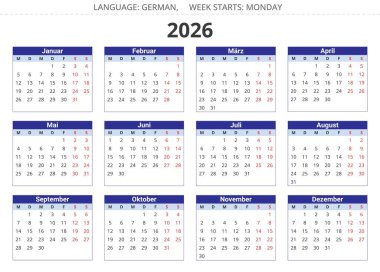 2026 yılının Alman takvimi. Almanya için vektör illüstrasyonu (Almanca kalender)