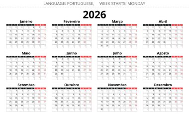 2026 yılının Porto Riko takvimi. Portekiz için dikey vektör illüstrasyonu