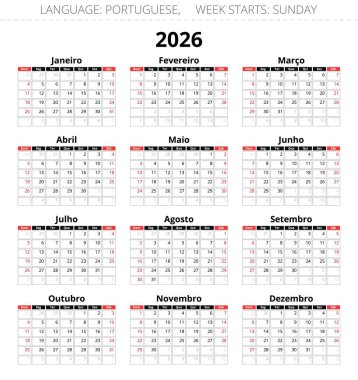 2026 yılının Porto Riko takvimi. Portekiz için vektör illüstrasyonu. Hafta pazar başlıyor.