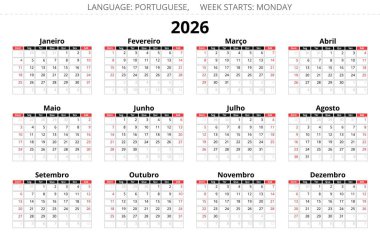 2026 yılının Porto Riko takvimi. Portekiz için vektör illüstrasyonu. Hafta pazar başlıyor.