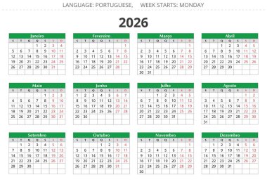 2026 yılının Porto Riko takvimi. Portekiz için vektör illüstrasyonu 