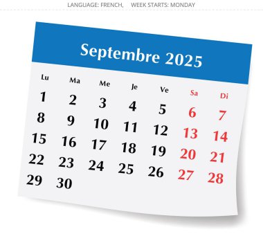 Eylül 2025 için Fransız takvimi. Fransa için bir kış ayı kağıt sayfasının vektör illüstrasyonu- Eylül takvimi