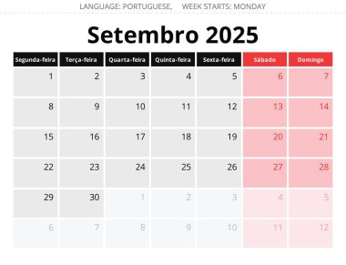 2025 yılının Eylül ayı Porto Riko aylık takvimi. Portekiz için şık tasarımı olan vektör illüstrasyonu