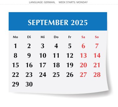 Eylül 2025 Alman takvimi. Almanya için bir sonbahar ayı sayfasının vektör illüstrasyonu