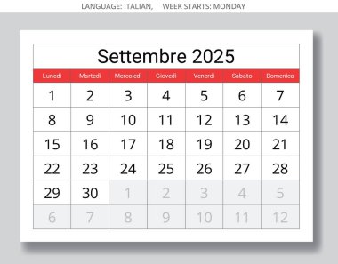 Eylül 2025 için İtalyan takvimi - Calendario settembre. Sonbahar ayı kağıt sayfası. İtalya için vektör illüstrasyon tasarımı