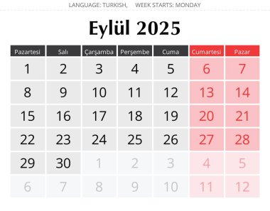 Aylık Türk takvimi Eylül 2025 - Takim. Türkiye için vektör illüstrasyonu