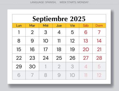 2025 İspanya Eylül takvimi, Eylül ayı. İspanya için sonbahar ayı için vektör illüstrasyonları