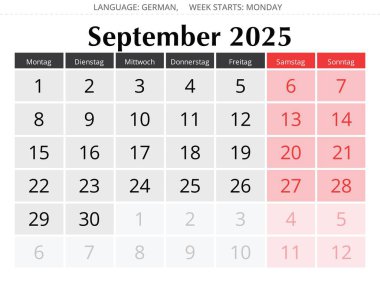 Eylül 2025 Alman takvimi. Almanya için sonbahar ayının vektör illüstrasyonu