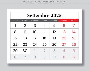 Eylül 2025 tarihli italyan takvim sayfası. Vektör çizimi. İtalya için
