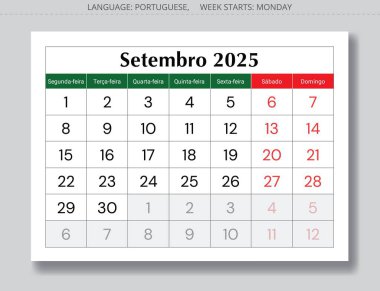 Eylül Porto Riko Aylık Takvimi 2025 - Setembro. Portekiz için vektör sayfası illüstrasyonu