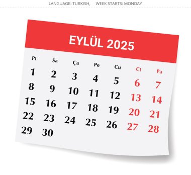 Eylül 2025 için Türk takvimi. Türkiye için sonbahar ayı için vektör illüstrasyonu. Gölgeli kağıt sayfa