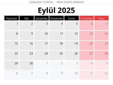 Eylül 2025 için Türk takvimi. Türkiye için bir aylık vektör illüstrasyonu