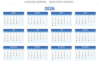 2026 yılı için Alman takvimi. Almanya için mavi vektör çizimleri